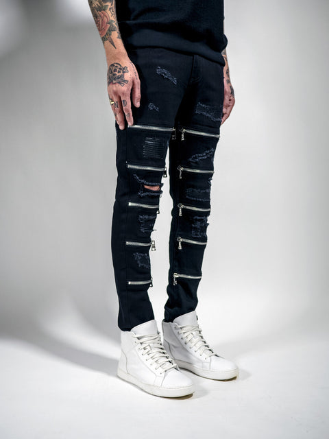 RIPPED MAARAVI ZIPPER JEANS (BLACK)