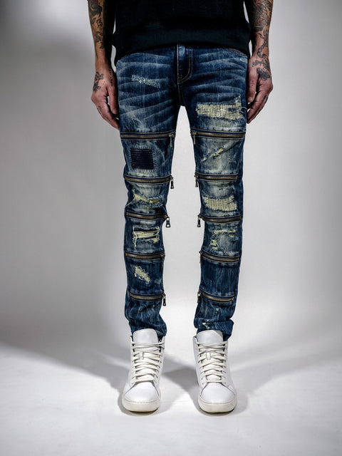 RIPPED MAARAVI ZIPPER JEANS (BLUE)