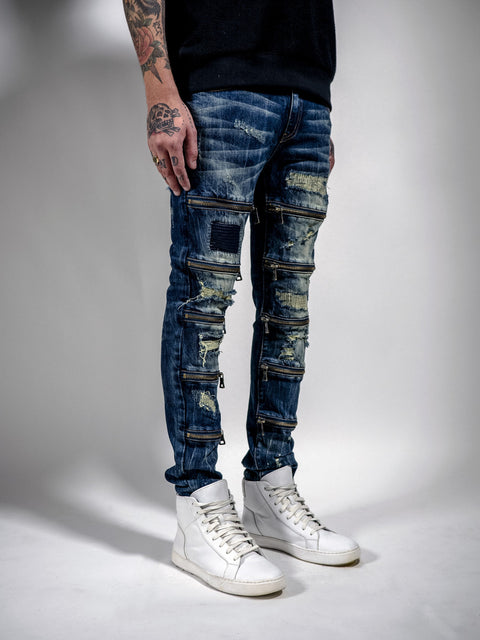 RIPPED MAARAVI ZIPPER JEANS (BLUE)